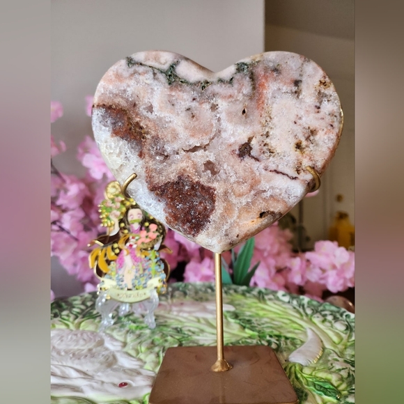 Pink Amethyst Heart w/ Jasper on Stand Crystal Home Decor Gifts - Picture 4 of 7
